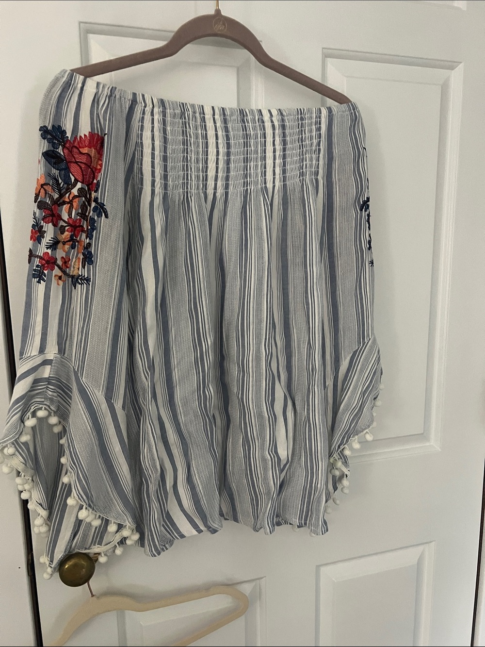 Studio West Blue and White Striped Off-Shoulder Top with Floral Embroidery